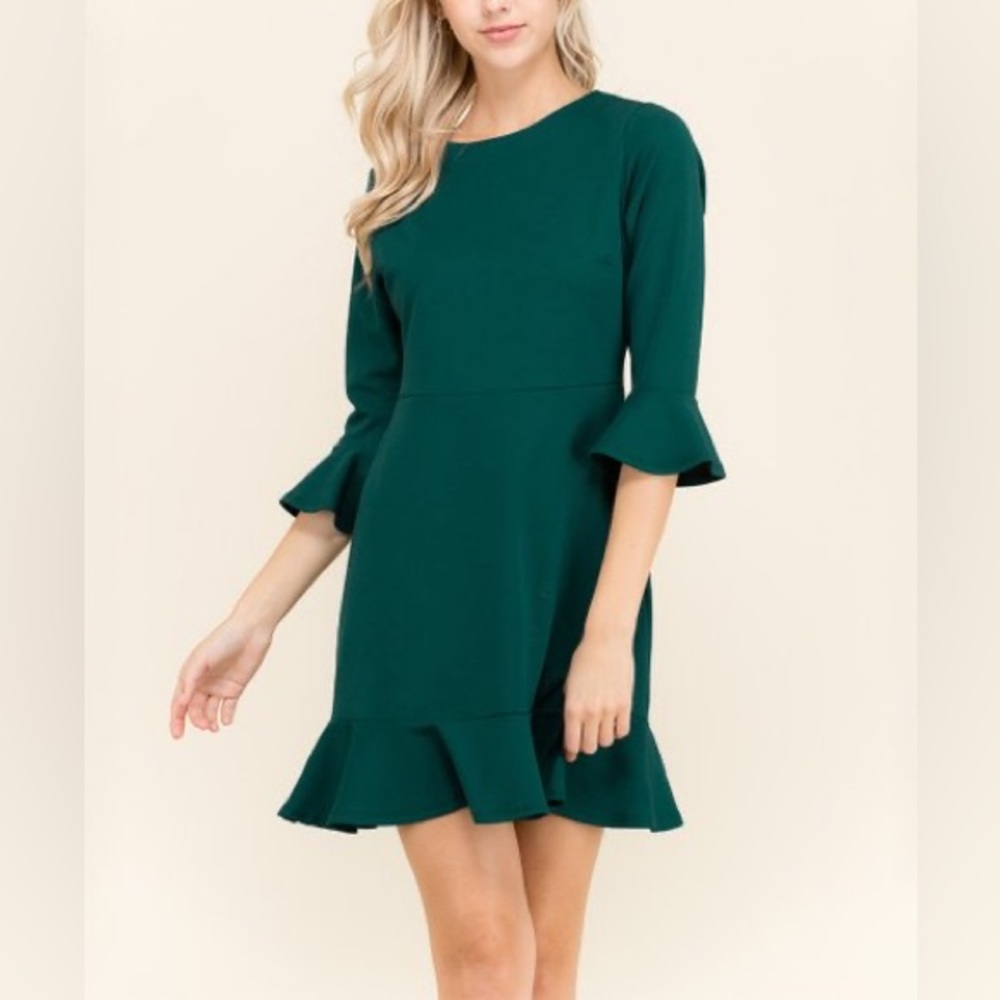 Ruffle long sleeve green dress